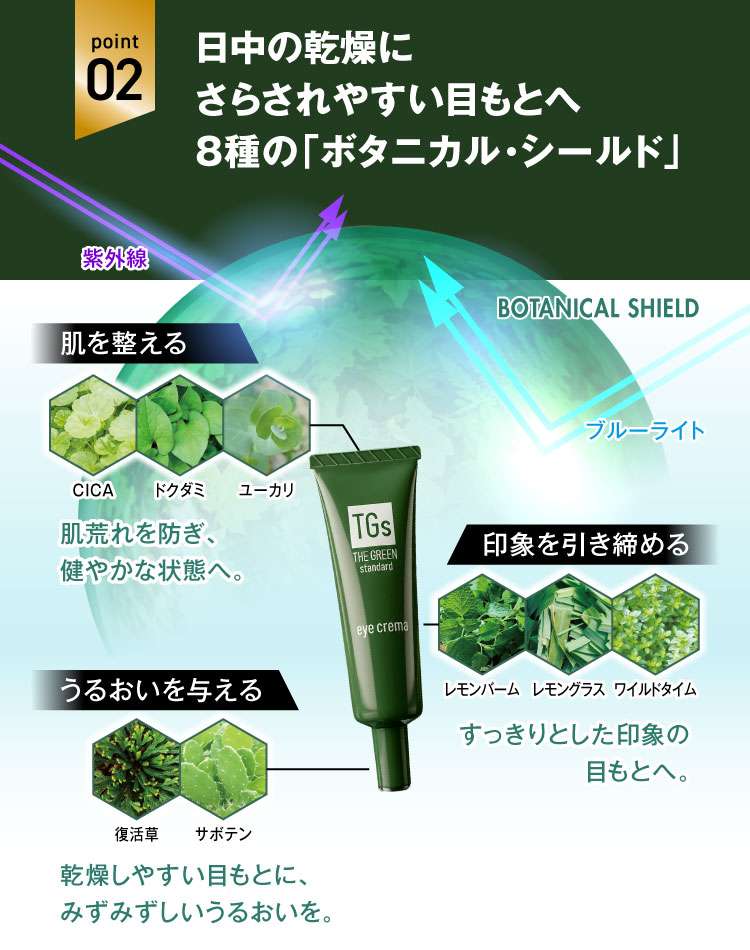 
                ［肌を整える］　CICA、ドクダミ、ユーカリ　肌荒れを防ぎ、健やかな状態へ。　
                ［うるおいを与える］復活草、サボテン　キュッと引き締まった清潔感を維持します。
                ［印象を引き締める］レモンバーム・レモングラス・ワイルドタイム　すっきりとした印象の目もとへ。