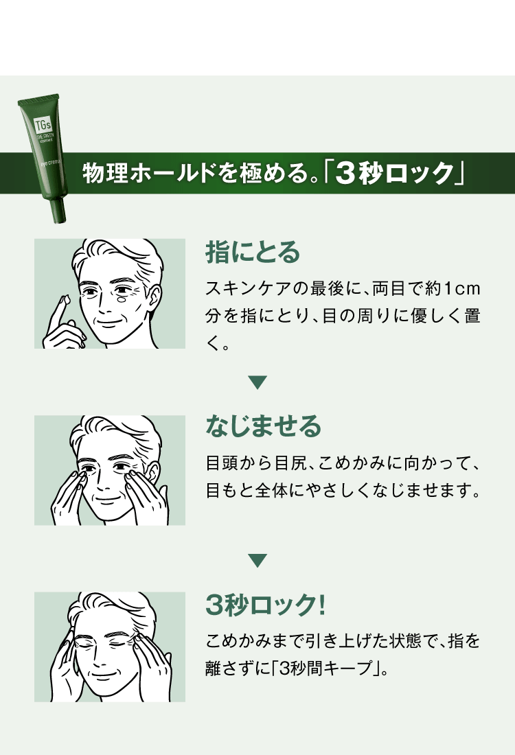 HOW TO　使用方法　物理ホールドを極める。「3秒ロック」
            指にとる　スキンケアの最後に、両目で約1cm分を指にとり、目の周りに優しく置く。
            なじませる　目頭から目尻、こめかみに向かって、目もと全体にやさしくなじませます。
            3秒ロック！こめかみまで引き上げた状態で、指を離さずに「3秒間キープ」。